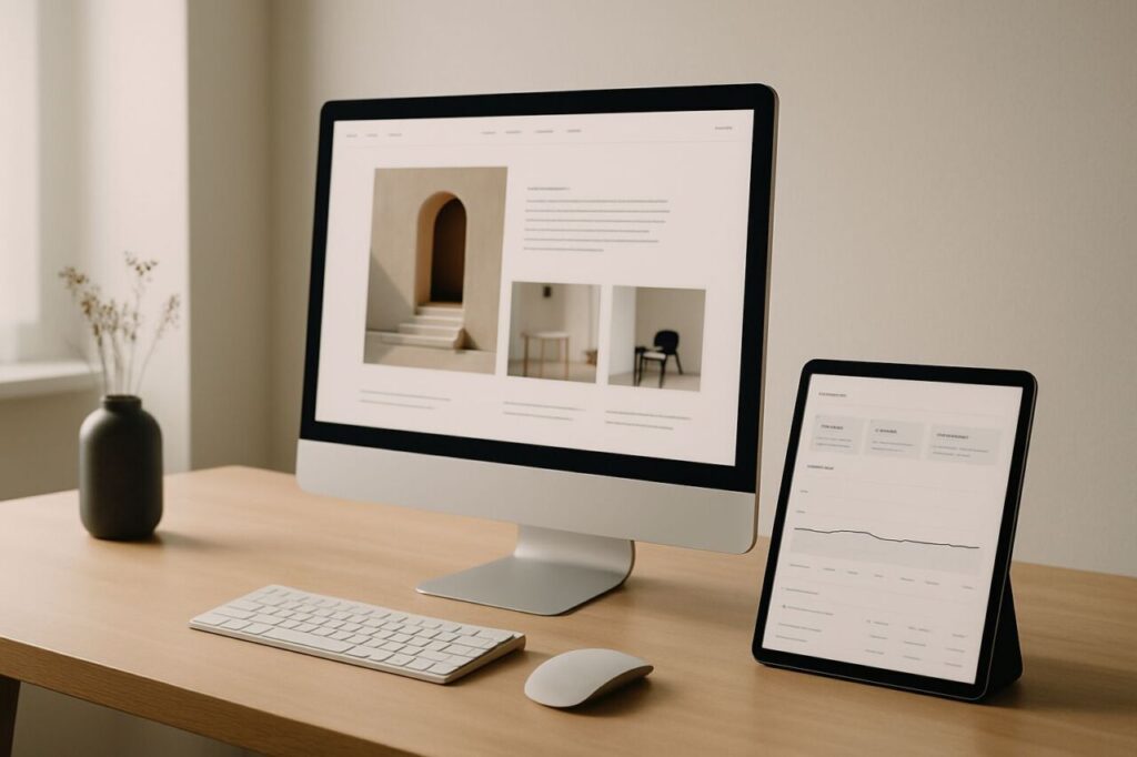 Écran affichant un site au design irréprochable sur un bureau moderne, avec une tablette de statistiques à côté semblant stagner.