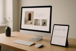 Écran affichant un site au design irréprochable sur un bureau moderne, avec une tablette de statistiques à côté semblant stagner.