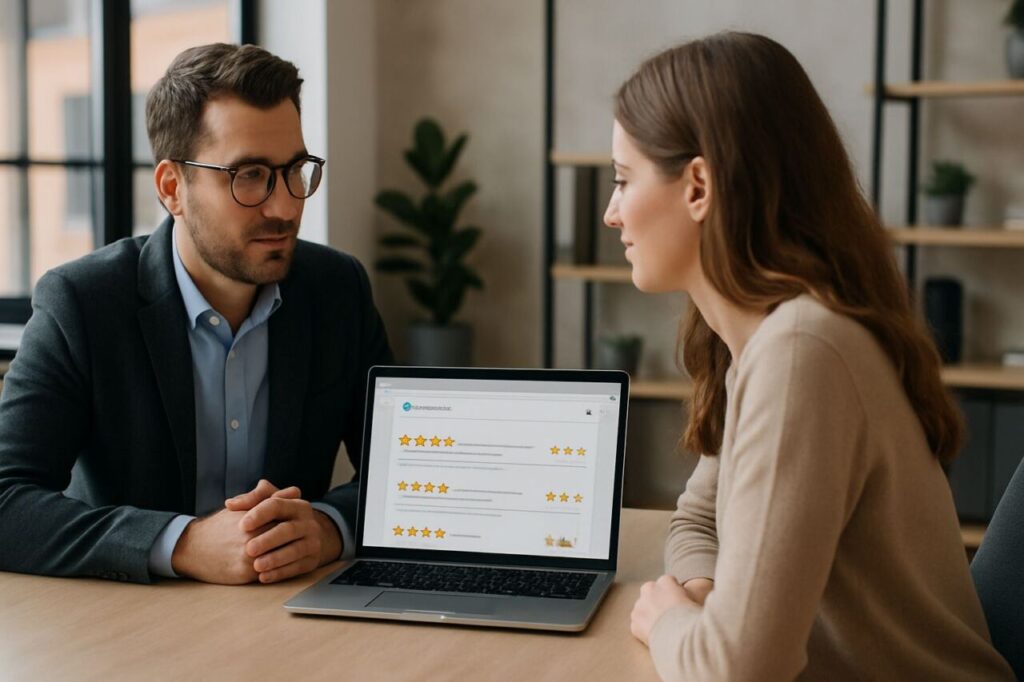 Dirigeant de PME présentant sur ordinateur un site web avec avis clients et sécurité HTTPS à une cliente, dans un bureau moderne.