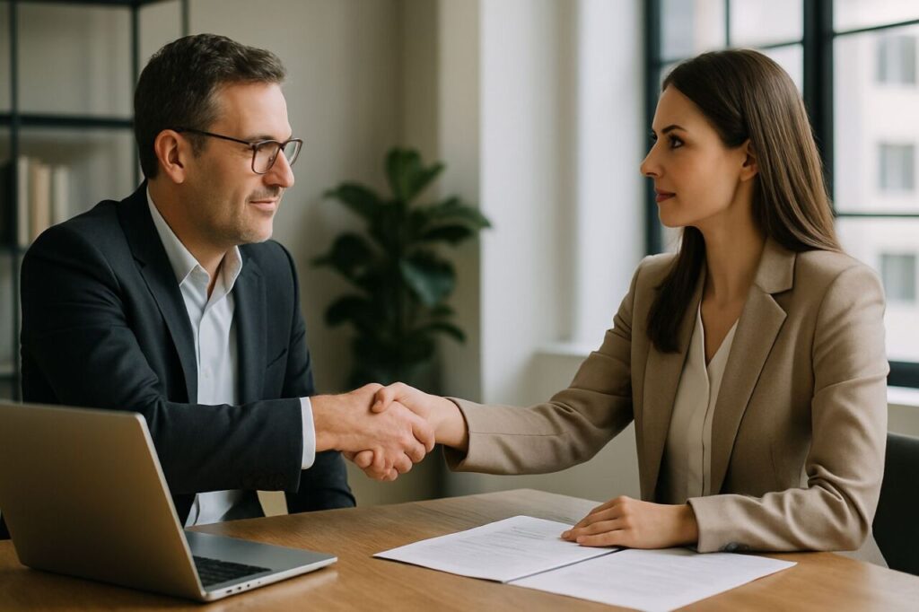 Dirigeant de PME serrant la main d’une cliente autour d’une table avec ordinateur et documents, ambiance professionnelle et rassurante.