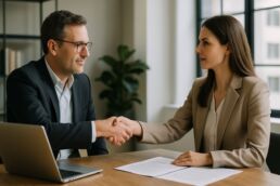 Dirigeant de PME serrant la main d’une cliente autour d’une table avec ordinateur et documents, ambiance professionnelle et rassurante.
