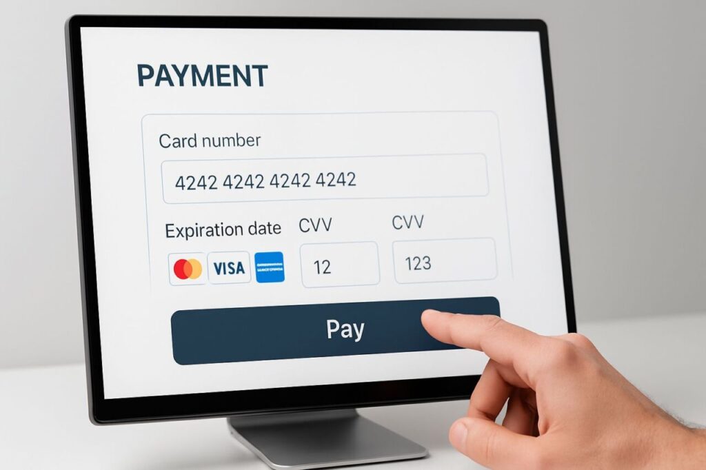 Clear checkout screen with recognized payment options and a polished interface, ready for confirmation.