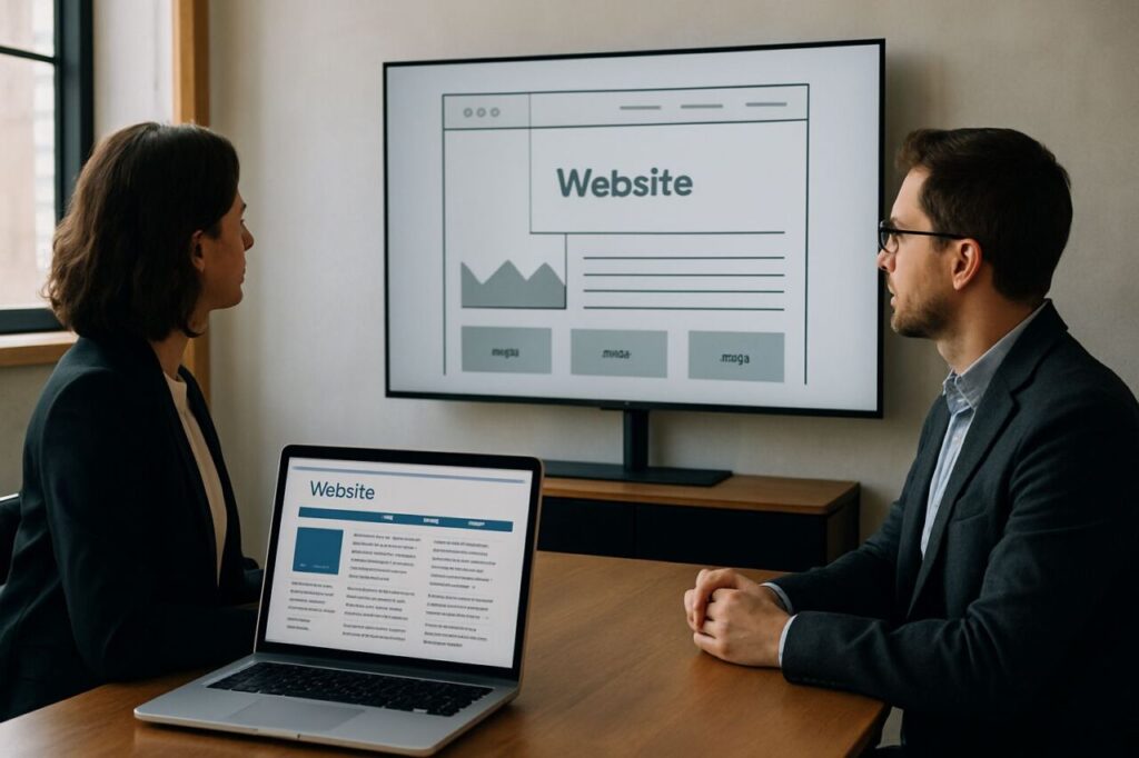 Une dirigeante et un consultant analysent côte à côte une ancienne version de site et une maquette moderne affichées sur écran et ordinateur portable.