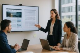 Équipe dirigeante analysant un ancien site et une nouvelle maquette pour aligner l’image de l’entreprise avec sa maturité.