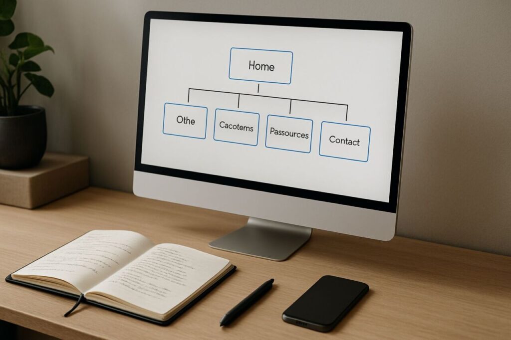 Top-down view of a workstation with a site map on screen and redesign notes in a notebook.