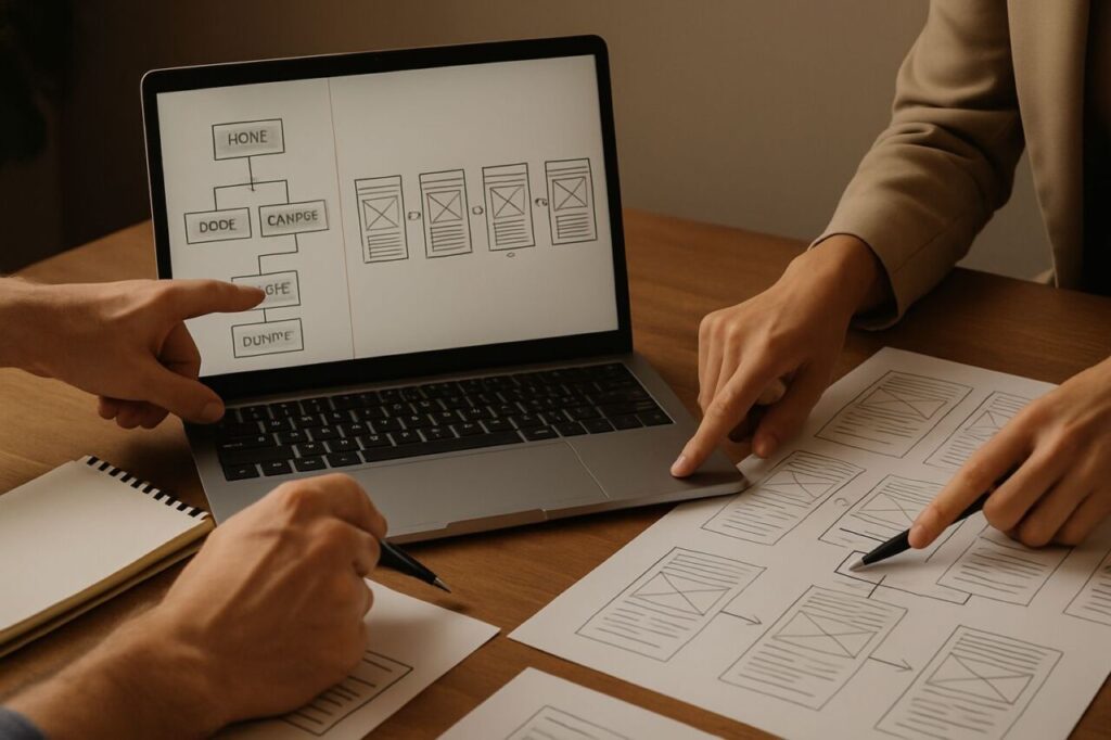 Information architecture and user journeys discussed during a website redesign workshop.