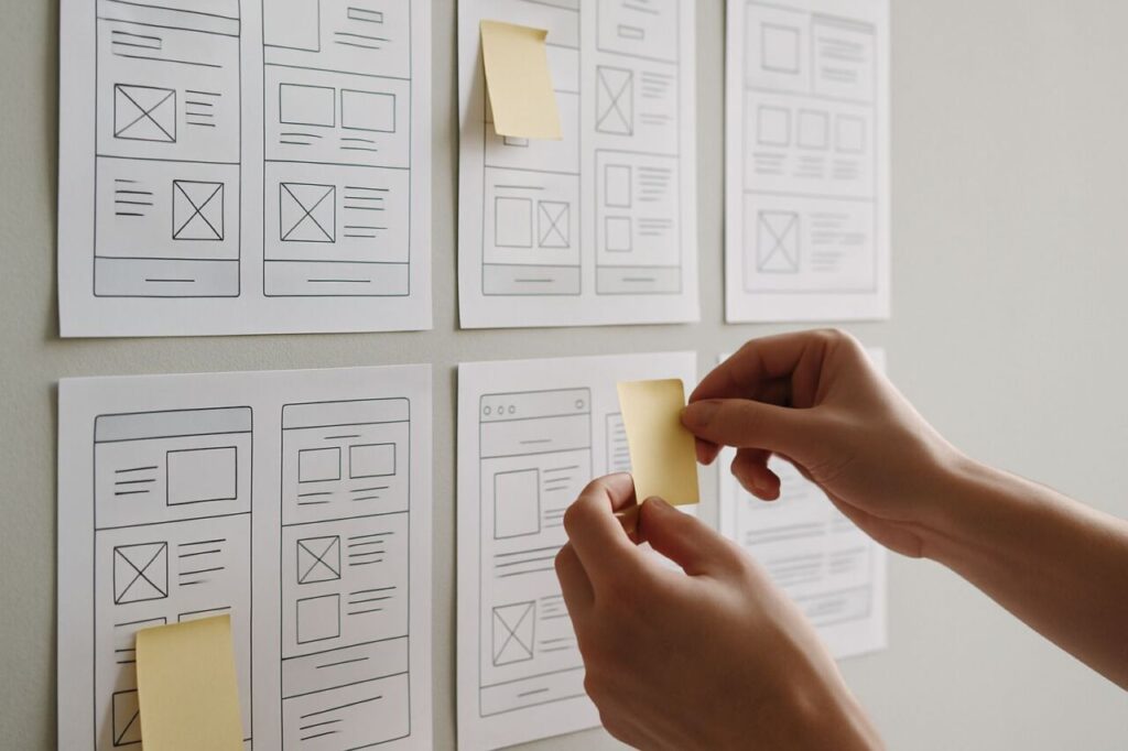 Hands reorganizing wireframes and sticky notes during a website redesign workshop.